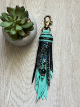 Load image into Gallery viewer, Clip Tassel- Teal and Oil Slick Cracked Ice Cowhide Leather with Gemstone Beaded Charm
