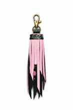 Load image into Gallery viewer, Clip Tassel- Black, Light Pink and Oil Splatter Cowhide Leather with Beaded Charm
