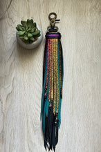Load image into Gallery viewer, Reversible Long Clip Tassel-Black, Teal and Rainbow Shimmer Cowhide Leather with Gemstone Beaded Charms

