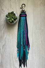 Load image into Gallery viewer, Reversible Long Clip Tassel-Black, Teal and Rainbow Shimmer Cowhide Leather with Gemstone Beaded Charms
