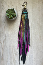 Load image into Gallery viewer, Reversible Long Clip Tassel -  Black, Magenta and Rainbow Shimmer Cowhide Leather with Gemstone Beaded Charms
