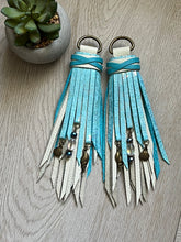 Load image into Gallery viewer, Bone and Ocean Blue Sparkle Cowhide Leather D- Ring Tassels
