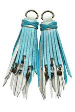 Load image into Gallery viewer, Bone and Ocean Blue Sparkle Cowhide Leather D- Ring Tassels
