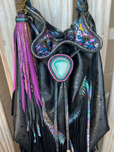 Load image into Gallery viewer, Reversible Long Clip Tassel -  Black, Magenta and Rainbow Shimmer Cowhide Leather with Gemstone Beaded Charms
