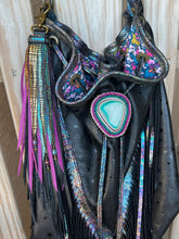Load image into Gallery viewer, Reversible Long Clip Tassel -  Black, Magenta and Rainbow Shimmer Cowhide Leather with Gemstone Beaded Charms
