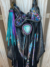 Load image into Gallery viewer, Reversible Long Clip Tassel-Black, Teal and Rainbow Shimmer Cowhide Leather with Gemstone Beaded Charms
