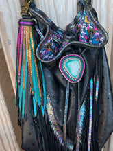 Load image into Gallery viewer, Reversible Long Clip Tassel-Black, Teal and Rainbow Shimmer Cowhide Leather with Gemstone Beaded Charms

