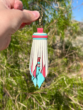 Load image into Gallery viewer, Clip Tassel- Teal, Coral and Bone Cowhide Leather with Beaded Charm
