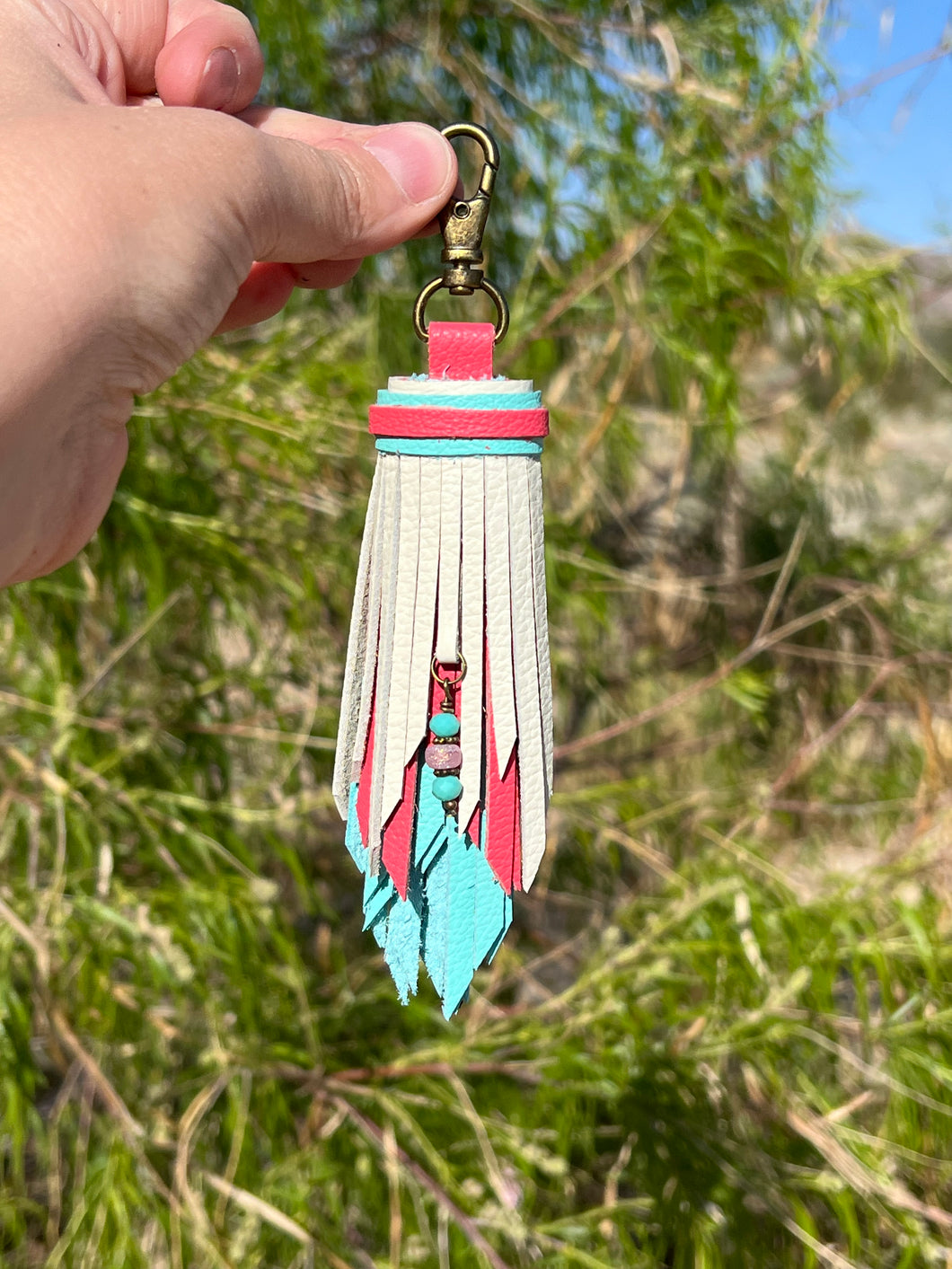 Clip Tassel- Teal, Coral and Bone Cowhide Leather with Beaded Charm
