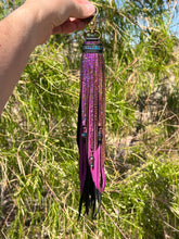 Load image into Gallery viewer, Reversible Long Clip Tassel -  Black, Magenta and Rainbow Shimmer Cowhide Leather with Gemstone Beaded Charms
