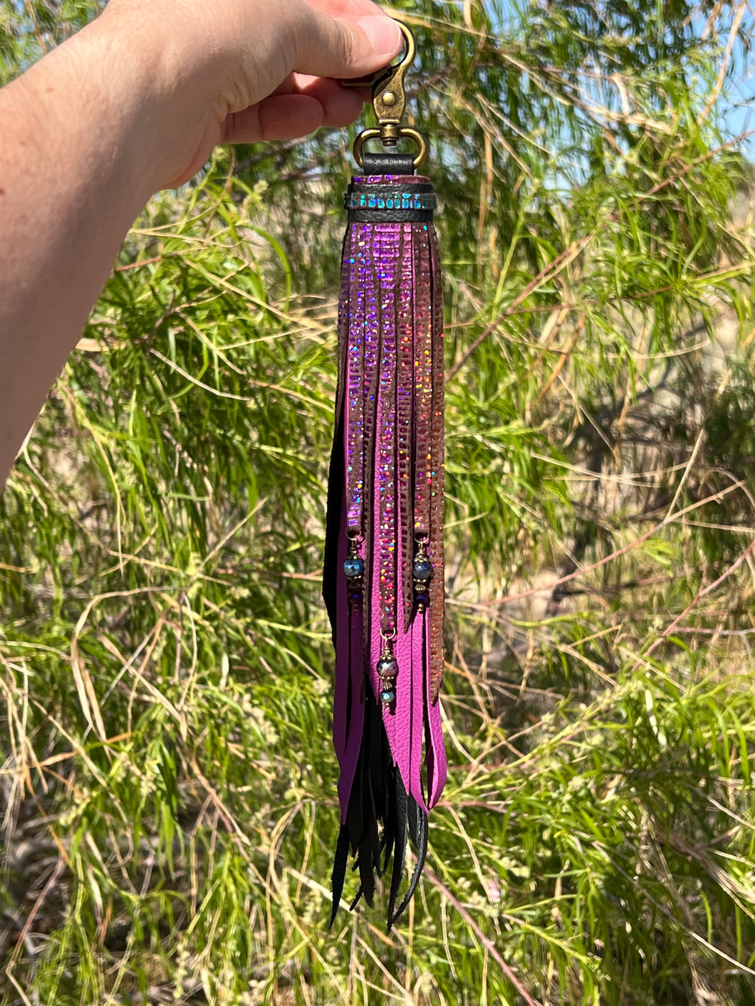 Reversible Long Clip Tassel -  Black, Magenta and Rainbow Shimmer Cowhide Leather with Gemstone Beaded Charms