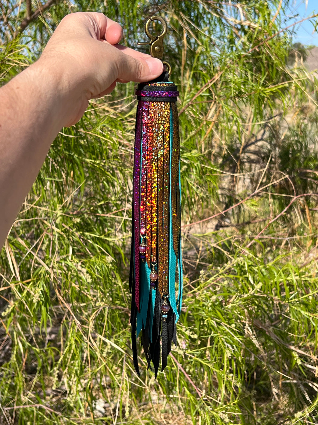 Reversible Long Clip Tassel-Black, Teal and Rainbow Shimmer Cowhide Leather with Gemstone Beaded Charms