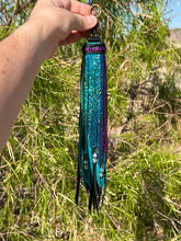 Load image into Gallery viewer, Reversible Long Clip Tassel-Black, Teal and Rainbow Shimmer Cowhide Leather with Gemstone Beaded Charms
