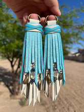 Load image into Gallery viewer, Bone and Ocean Blue Sparkle Cowhide Leather D- Ring Tassels
