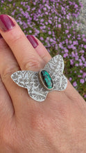 Load and play video in Gallery viewer, Hand-Stamped Sterling Silver Hubei Turquoise Butterfly Ring - Size 9
