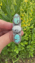 Load and play video in Gallery viewer, Blue Moon Turquoise, White Buffalo, Golden Hills Lavender Turquoise 3 Stone Ring - Size 9

