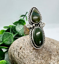 Load image into Gallery viewer, Handmade Sterling Silver Jade, Gary Green Larsonite and Brass Ring - Size 9 1/4
