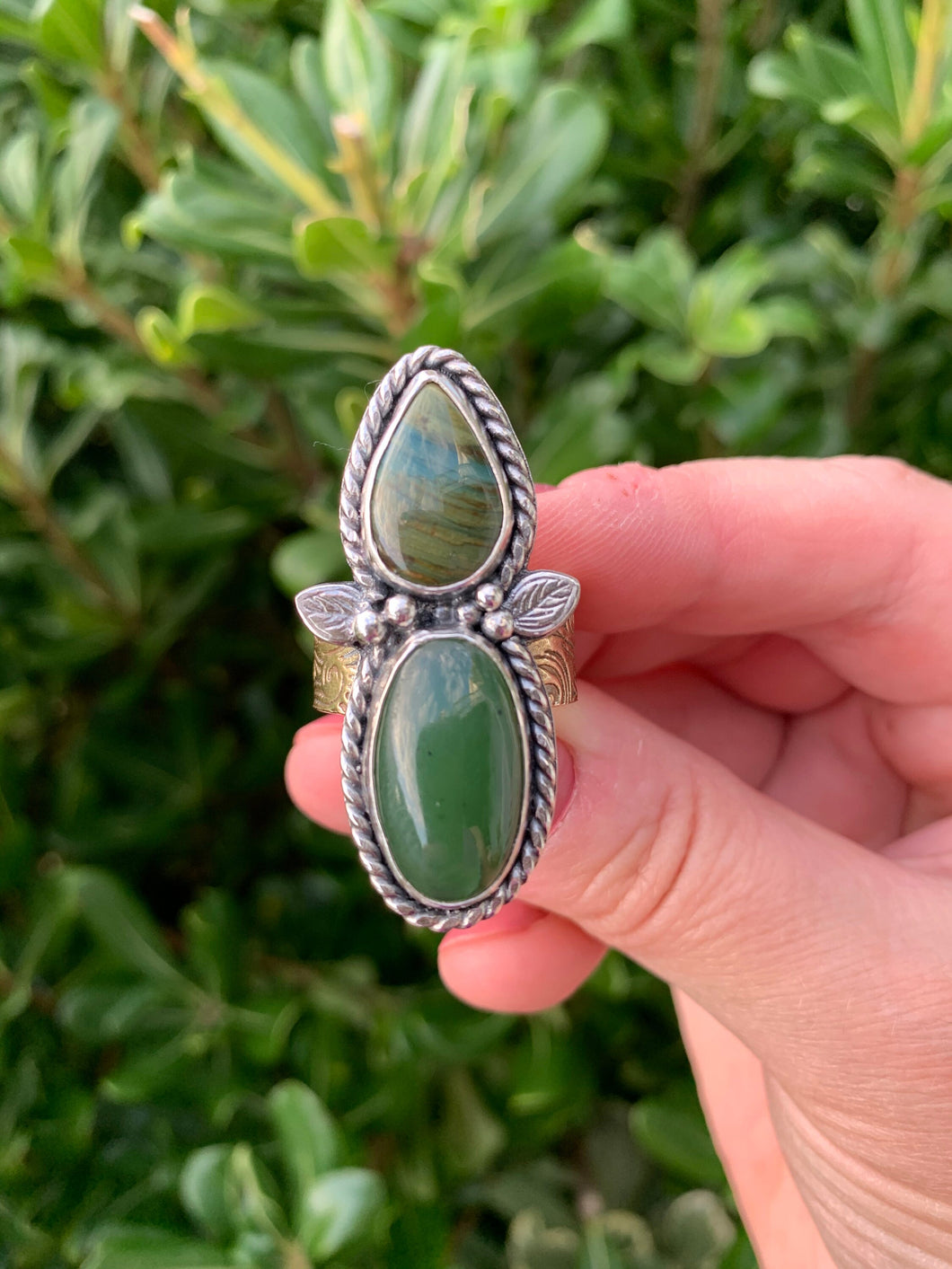 Handmade Sterling Silver Jade, Gary Green Larsonite and Brass Ring - Size 9.25